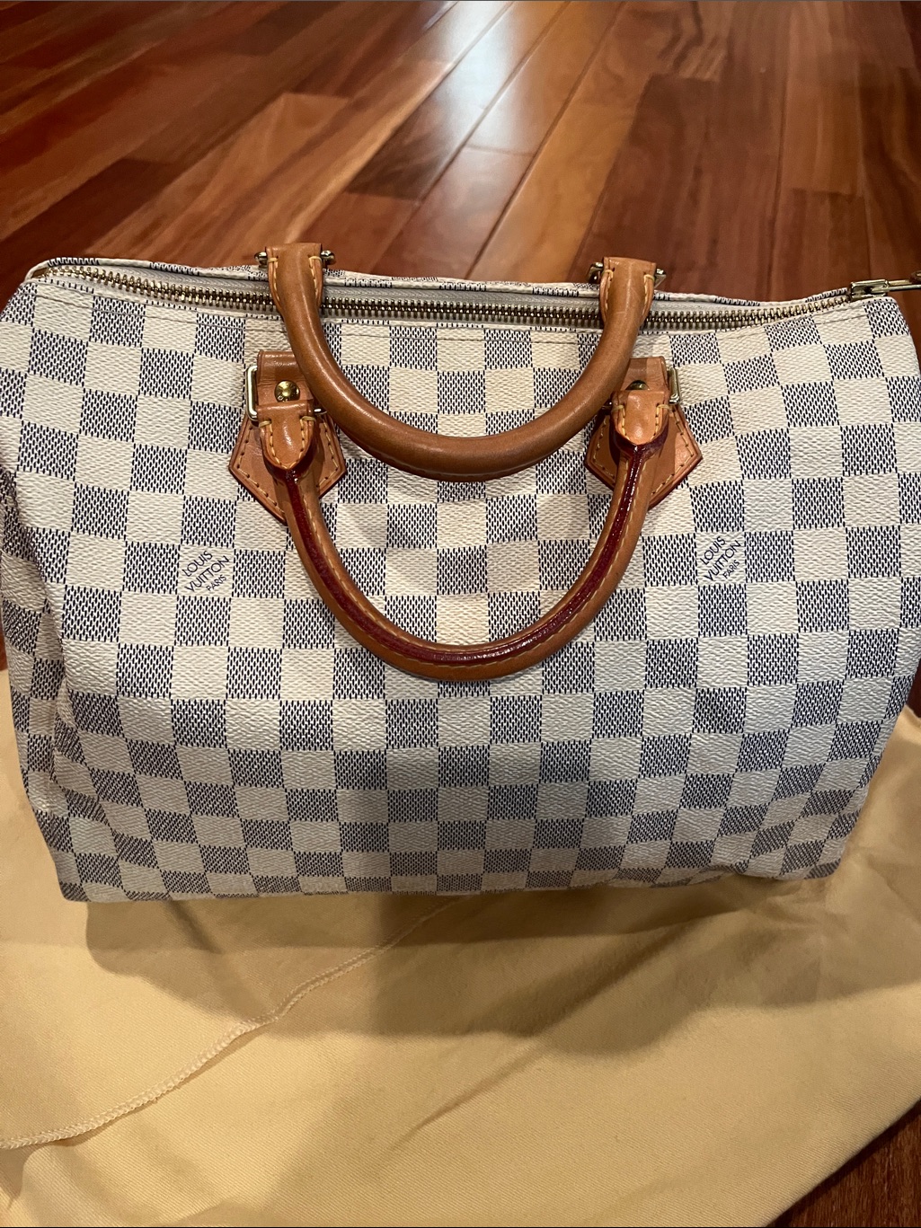 Louis Vuitton Damier Azur Satchel - White & Blue Check With Tan Handles